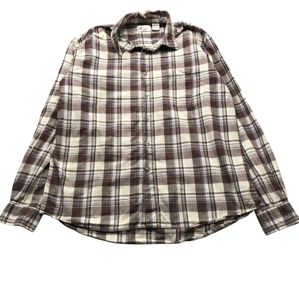 BKE 67 Button Up Long Sleeve Dress Shirt Mens XL Pocket Plaid Brown White Tan